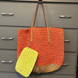 Loft Orange, Yellow and Tan Straw Tote Bag w/leather straps and yellow wristlet